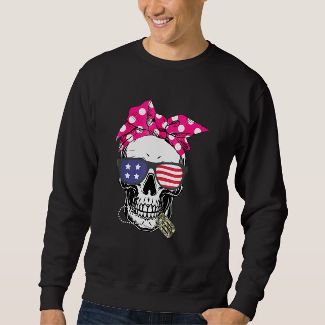 Skeleton Militär i Skull American Flagga Veteran D Lång Ärmad Tröja (Framsida)