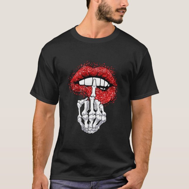 Skeleton Mitten Finger och Läppar Funny Halloween T Shirt (Framsida)