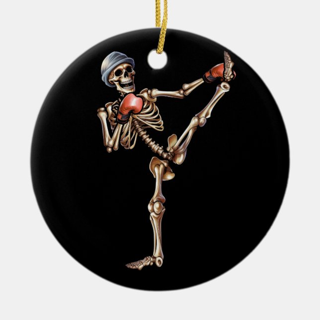 Skeleton Muay Thai Halloween Kickboxing MMA Fighte Julgransprydnad Keramik (Framsidan)