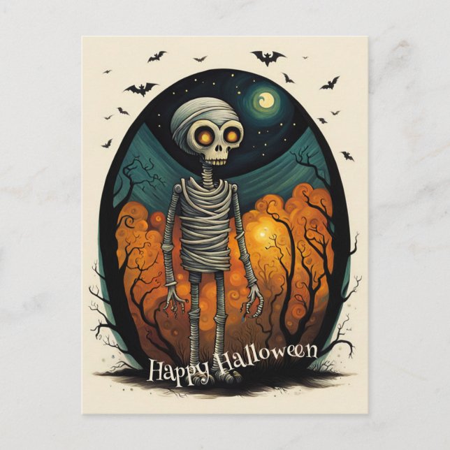 Skeleton Mummy Halloween Vykort (Framsida)