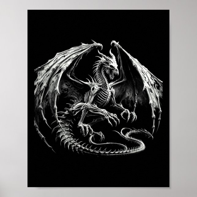 Skeleton Mythical Dragon Breathing Fire Fantasy Ha Poster (Framsidan)