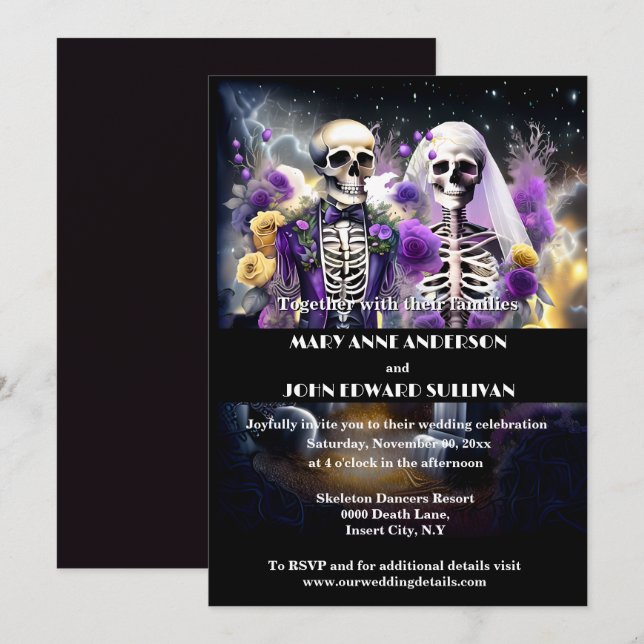 Skeleton par lila gult bröllop inbjudningar (Fram/baksida)