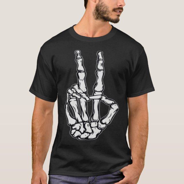 Skeleton Peace Sign Victory Hand Sign Pocket T Shirt (Framsida)