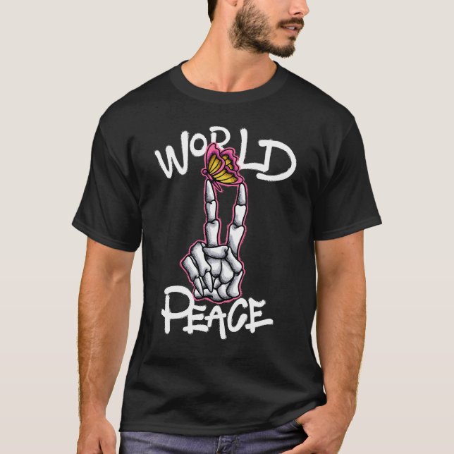 Skeleton Peace Sign with Butterfly streetwear  T Shirt (Framsida)