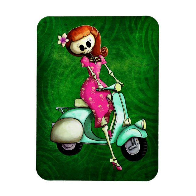 Skeleton Pin Up Girl på Scooter Magnet (Vertikal)