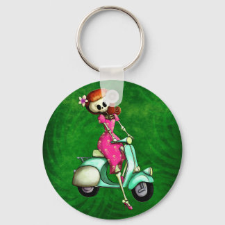 Skeleton Pin Up Girl på Scooter Nyckelring