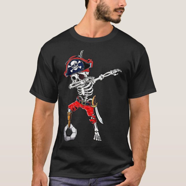Skeleton Pirat &amp; Fotboll Halloween Costum T Shirt (Framsida)