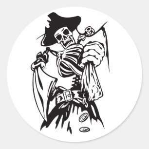 Skeleton Pirat Fighter Sword Tatto Stil Artwork Runt Klistermärke