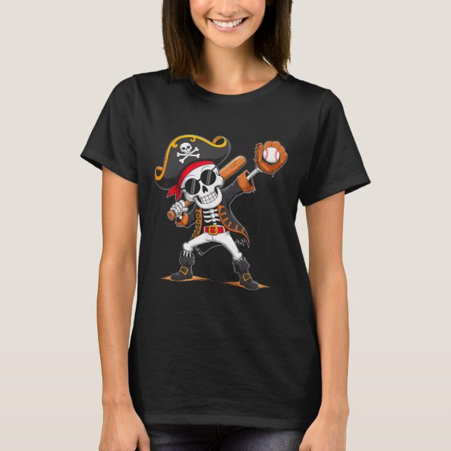 Skeleton Pirat Halloween Costume Baseball Player T Shirt (Framsida)