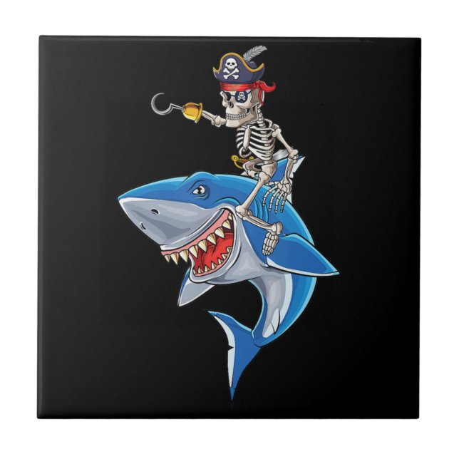 Skeleton Pirat Riding Shark Cute Boys Halloween Kakelplatta (Framsidan)