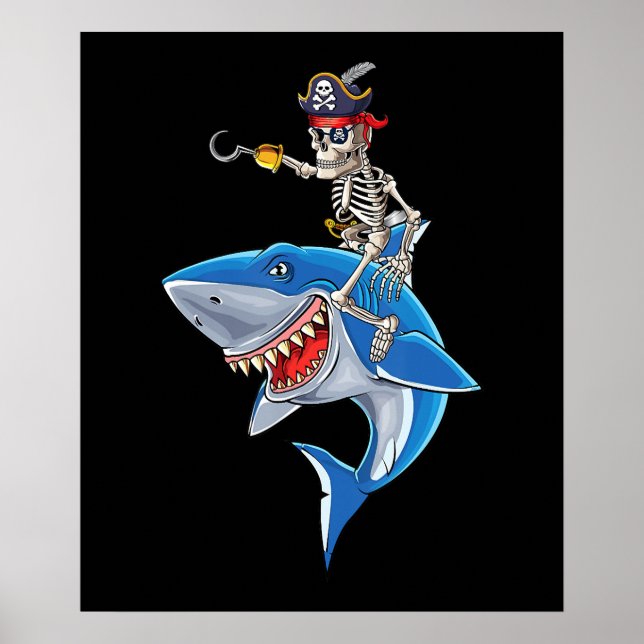 Skeleton Pirat Riding Shark Cute Boys Halloween Poster (Framsidan)