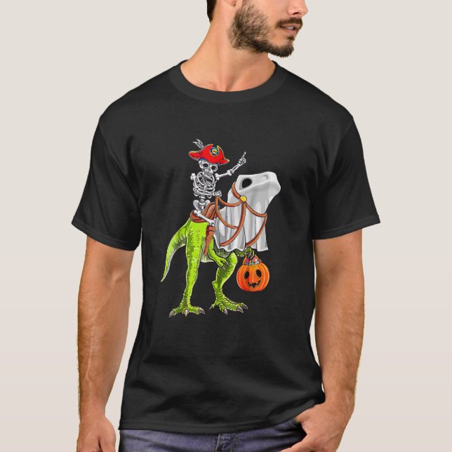 Skeleton Pirat Riding Skeleton Dinosaur Halloween T Shirt (Framsida)