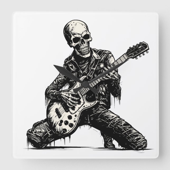  skeleton playing an electric guitar fyrkantig klocka (Framsida)