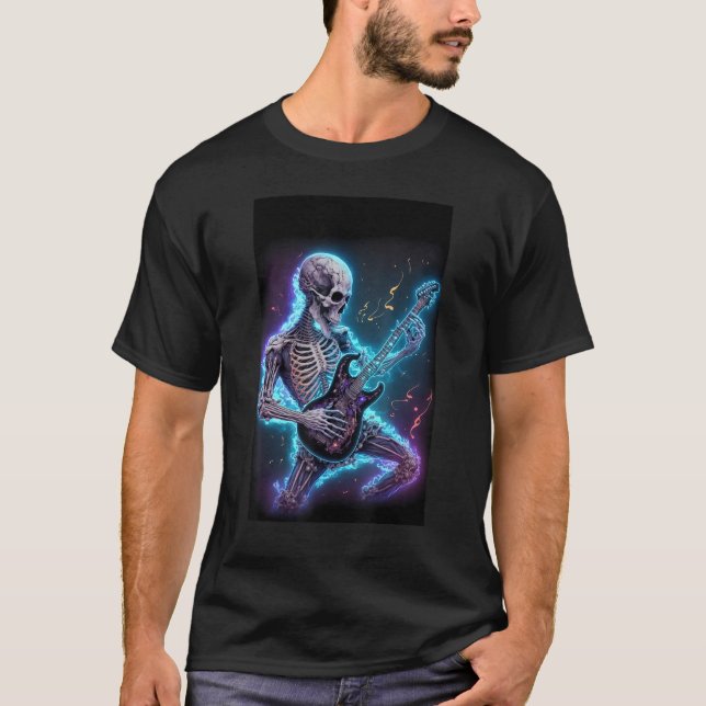 skeleton playing electric guitar in space t shirt (Framsida)
