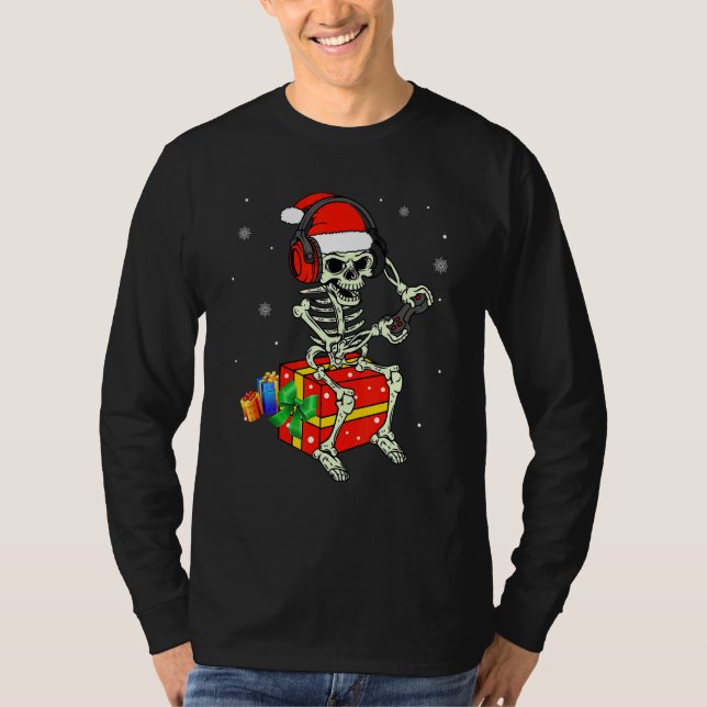 Skeleton Playing Game Christmas Pajaman For Men Bo T Shirt (Framsida)