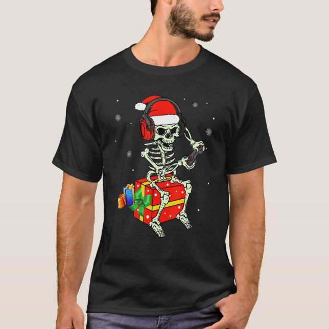 Skeleton Playing Game Christmas Pajaman For Men Bo T Shirt (Framsida)