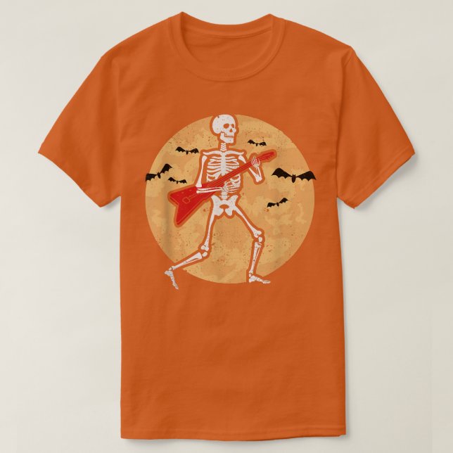 Skeleton Playing Guitar Rock Moon Halloween Music  T Shirt (Design framsida)