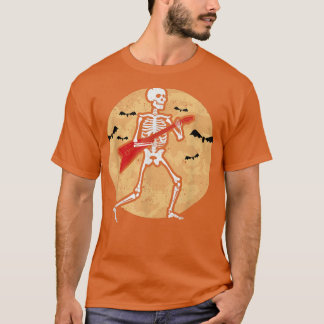 Skeleton Playing Guitar Rock Moon Halloween Music  T Shirt