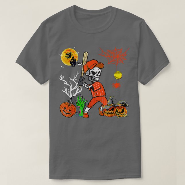 Skeleton Playing Softball Pumpkin Player Lover Hal T Shirt (Design framsida)