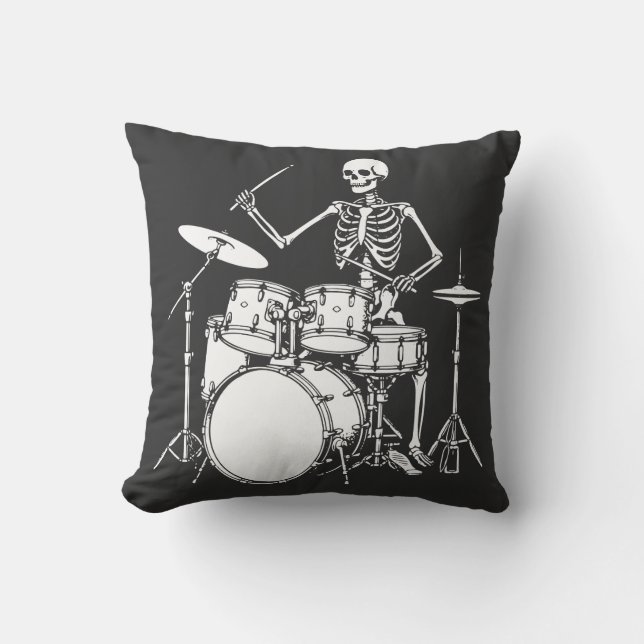 Skeleton plays the drums in rock band kudde (Framsida)