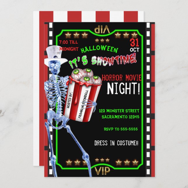 Skeleton Popcorn EyebullHalloween Movie Night Inbjudningar (Fram/baksida)