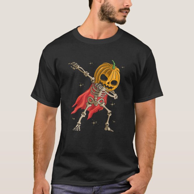 Skeleton Pumpkin Head Dabbing Halloween T T Shirt (Framsida)