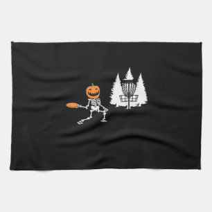 Skeleton Pumpkin Head Disk Golf Player Halloween Kökshandduk