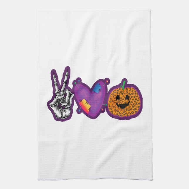 Skeleton Pumpkin Peace Kärlek Halloween Kökshandduk (Vertikal)