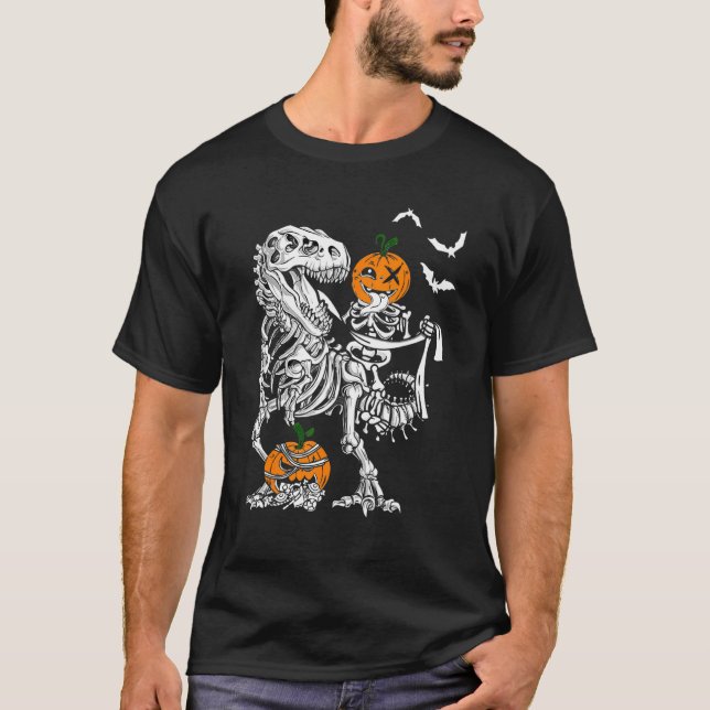 Skeleton Pumpkin Riding Art Dinosaur T Rex Hallowe T Shirt (Framsida)