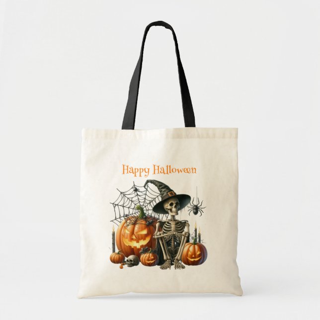 Skeleton Pumpkins Halloween Tote Bag Tygkasse (Framsidan)