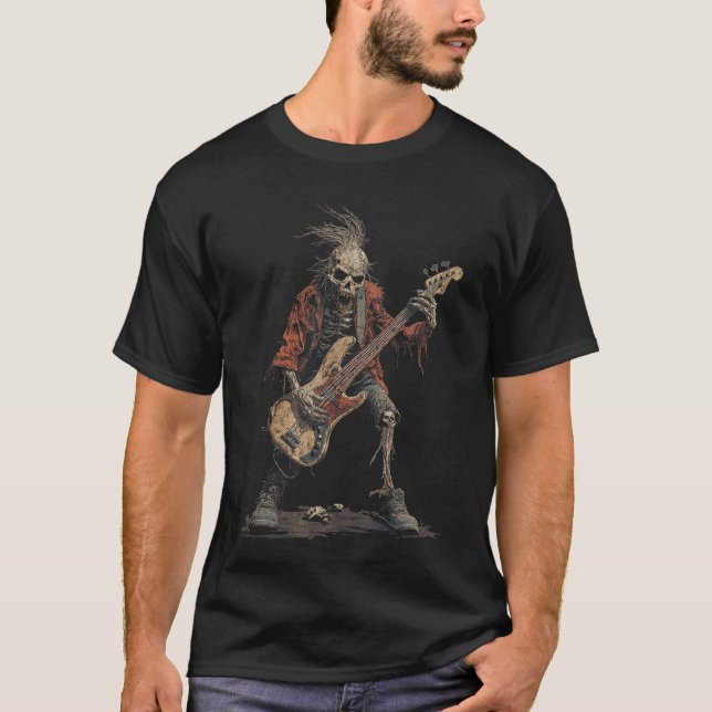 Skeleton Punk Rocker Halloween Bass Guitar Rock N  T Shirt (Framsida)