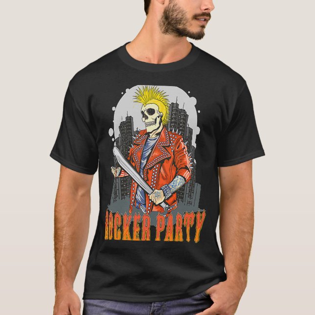 Skeleton Punk Skull Rocker Party Baseball fladderm T Shirt (Framsida)