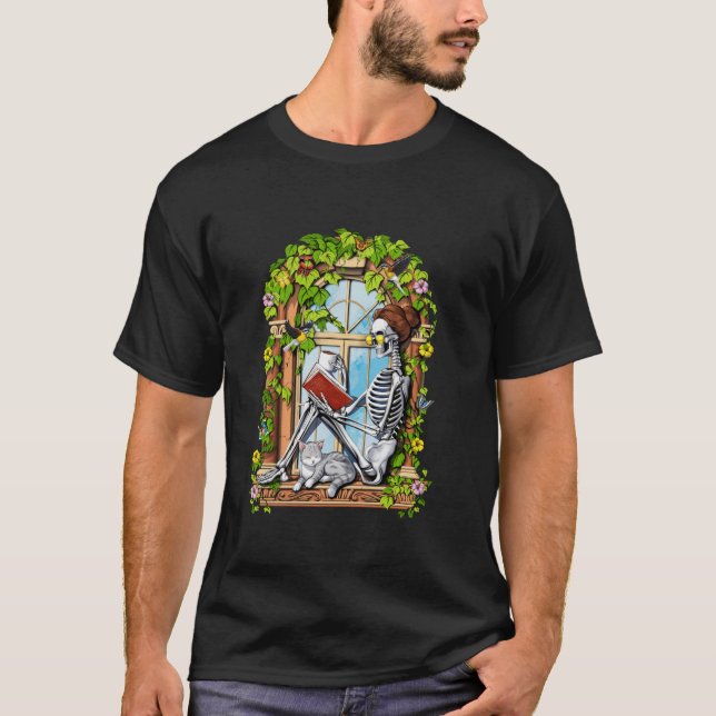 Skeleton Reading Bok Blommigt Plants Cat Bookworm  T Shirt (Framsida)