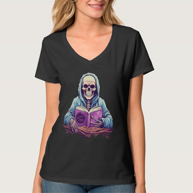 Skeleton Reading Book  Pastel Goth Bookish Librari T Shirt (Framsida)