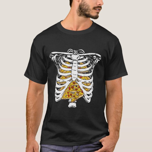 Skeleton - revbensbur med Pizzas Happy halloween d T Shirt (Framsida)