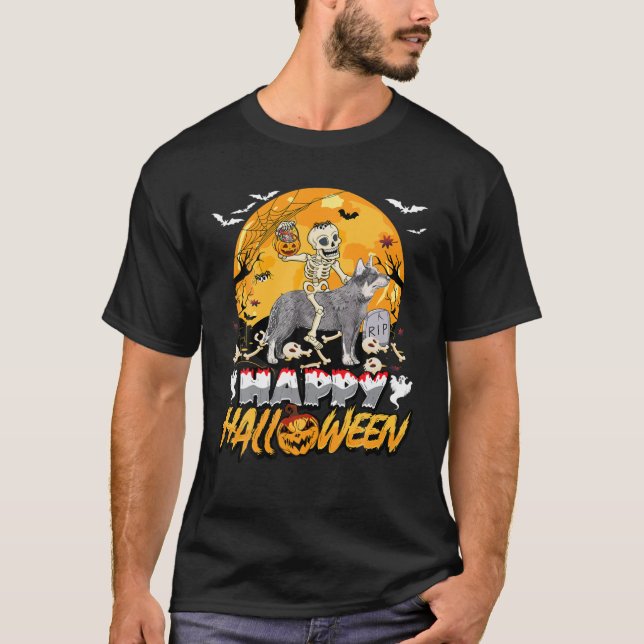 Skeleton Riding Australian Cattle Hund Halloween P T Shirt (Framsida)