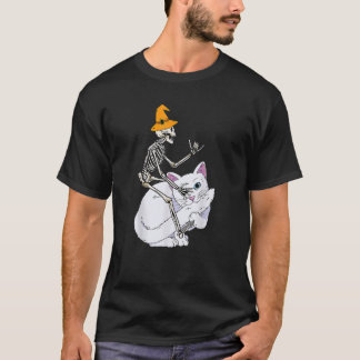 Skeleton Riding Cat Lazy Halloween Costume Cute Ki T Shirt