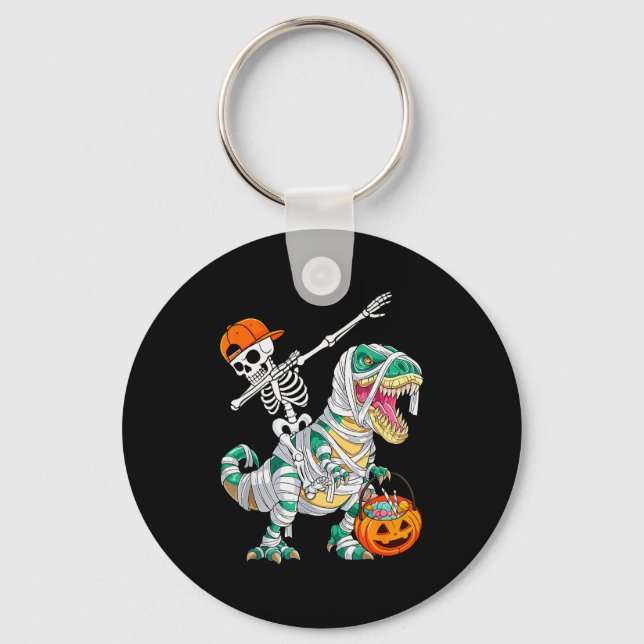 Skeleton Riding Dancing Dab Dinosaur T Rex Hallowe Nyckelring (Framsida)