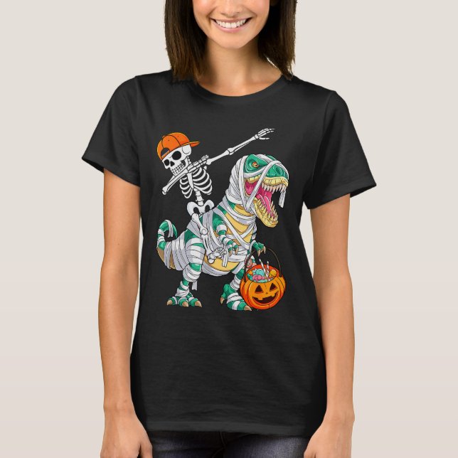 Skeleton Riding Dancing Dab Dinosaur T Rex Hallowe T Shirt (Framsida)