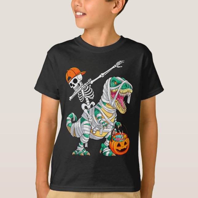 Skeleton Riding Dancing Dab Dinosaur T Rex Hallowe T Shirt (Framsida)