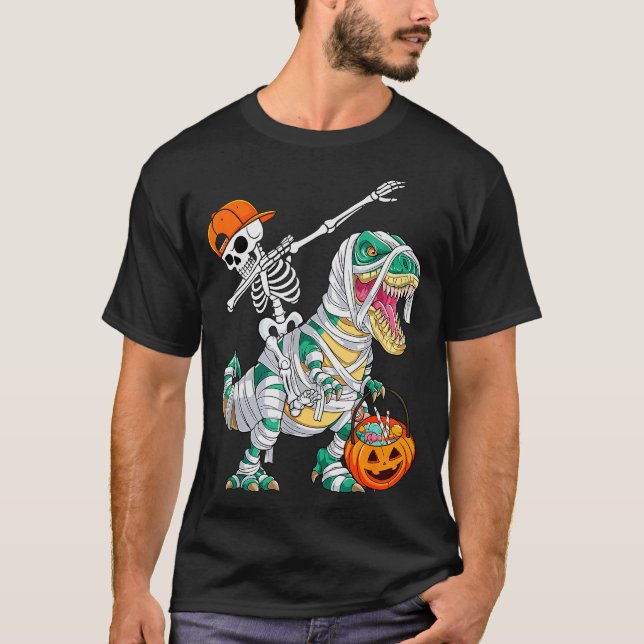 Skeleton Riding Dancing Dab Dinosaur T Rex Hallowe T Shirt (Framsida)