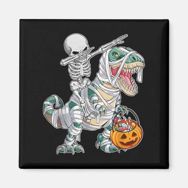 Skeleton Riding Dancing Dab Dinosaur Trex Hallowee Magnet (Framsidan)