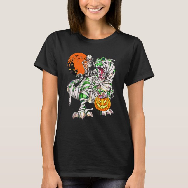 Skeleton Riding Dinosaur Rex Scary Halloween Måne T Shirt (Framsida)