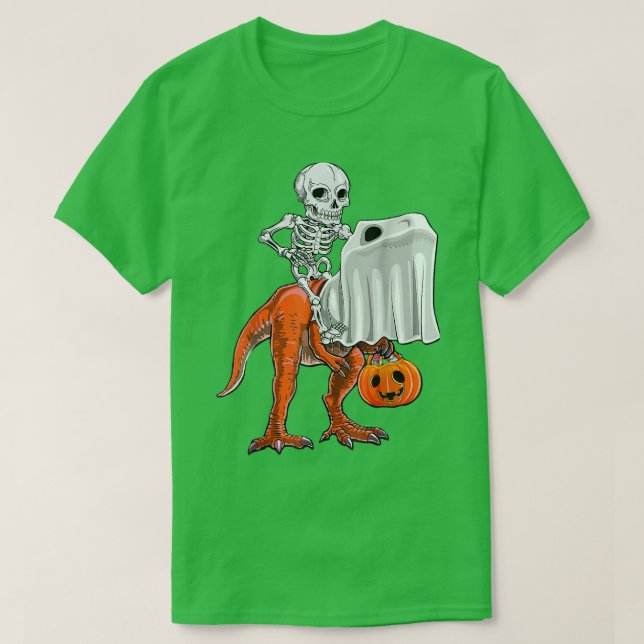 Skeleton Riding Ghost Dinosaur T re Halloween Funn T Shirt (Design framsida)
