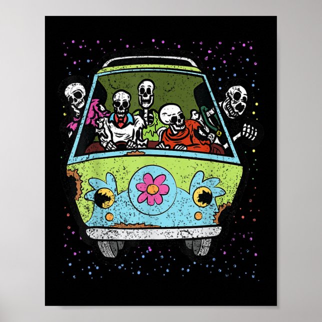 Skeleton Riding Hippie Van Halloween Costume Retro Poster (Framsidan)