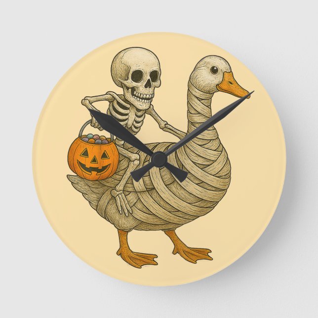 Skeleton Riding Mamma Goose Halloween Funny Pumpki Rund Klocka (Framsida)
