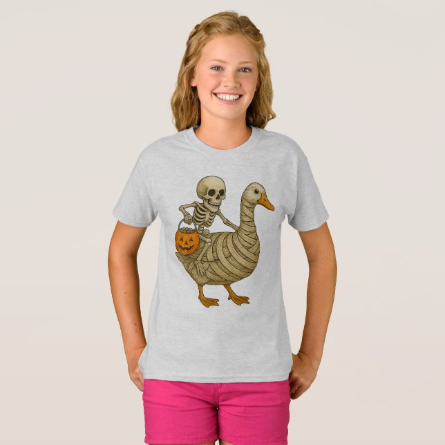 Skeleton Riding Mamma Goose Halloween Funny Pumpki T Shirt (Hel framsida)