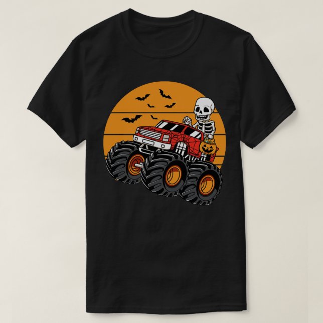 Skeleton Riding Monster Lastbil Halloween Costume T Shirt (Design framsida)