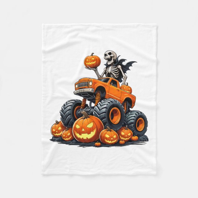 Skeleton Riding Monster Lastbil Halloween Pumpkin  Fleecefilt (Framsidan)