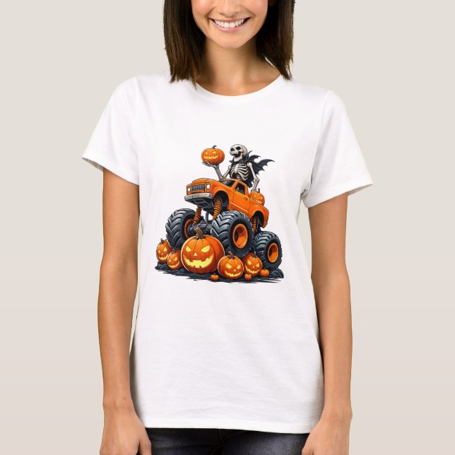 Skeleton Riding Monster Lastbil Halloween Pumpkin  T Shirt (Framsida)